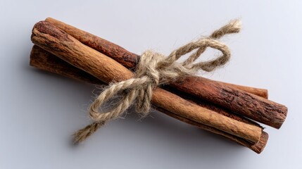 Bundled cinnamon sticks tied with twine on light background  