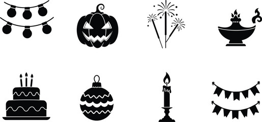 Vector Icons for Holiday Celebrations, Halloween, Christmas, Birthday, Diwali, Festive Decorations, Party Design Elements