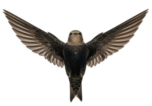 Common swift (Apus apus) PNG with transparent background, a dynamic and detailed front view of a bird in flight