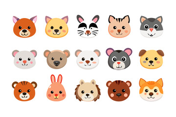 Fototapeta premium Collection of fifteen cartoon animal faces including bears cats dogs rabbits and other cute animals