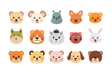 Collection of fifteen cartoon animal faces including bears cats dogs and a rabbit in a flat style