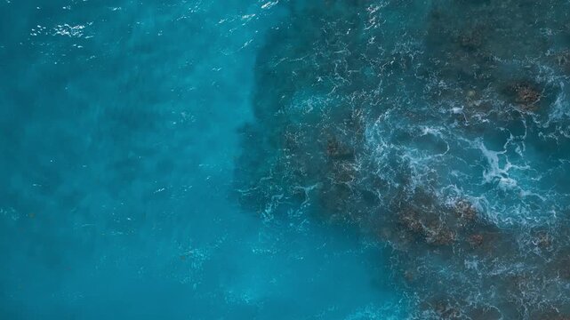 Turquoise Ocean Waves Crashing on Coral Reef, Top View