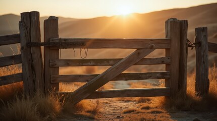 Old wooden fence gate with dried grass in front of a golden sunset with mountains in the background. Ranch life concept.