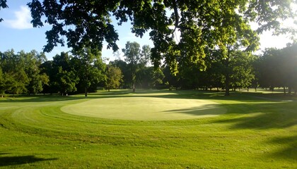 Obraz premium Serene Golf Course Putting Green Under Summer Sunlight