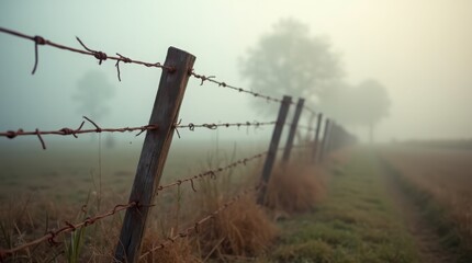 Wooden fence post with rusty barbed wire in a rural field under a thick fog. Concept for boundary and rustic landscape.