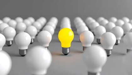 Bombilla amarilla encendida destacando entre una multitud de bombillas blancas apagadas alineadas, s&iacute;mbolo de innovaci&oacute;n, liderazgo y originalidad