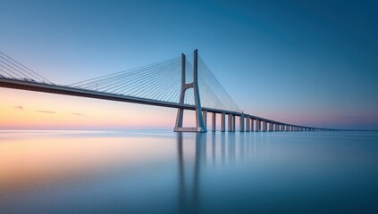 Obraz premium Vasco da Gama Bridge: A magnificent suspension bridge gracefully spans serene waters, the elegant structure standing as a testament to architectural innovation.