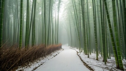 Fototapeta premium Snow Covered Path through Misty Bamboo Forest in Winter Morning
