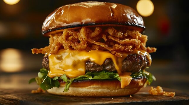 A grilled burger smothered in melted Swiss cheese, finished with golden fried onion strings for a satisfying crunch.