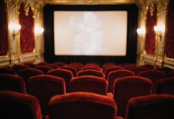 Fototapeta premium Elegant movie theater auditorium featuring comfortable red seating and a large projection screen