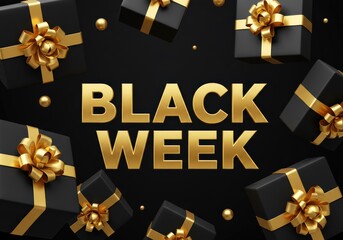 Black week sale with golden gift boxes and ribbons on a black backdrop.