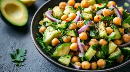 Avocado and chickpea salad with red onions, cucumbers, and lemon dressing. --ar 16:9 --v 6.1 Job ID: 735e657a-cd06-40d8-afea-79b65b2d847a