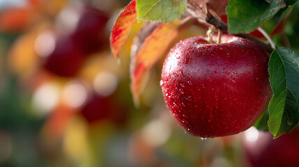 Red apple hanging on tree branch in beautiful autumn day