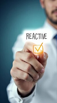 Proactive or reactive solution initiative concept. Person ticking a checkbox with the text reactive..