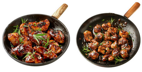 Cooked meat pieces with herbs and sauce in frying pans, isolated on transparent background