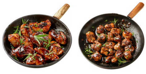 Cooked meat pieces with herbs and sauce in frying pans, isolated on transparent background