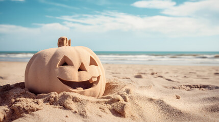Carved sand pumpkin with Jack-o’-lantern face on sunny beach