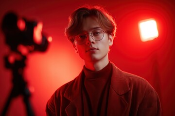 A young man, illuminated by a red spotlight, stands confidently. His gaze is intense, his expression captivating, and the dramatic lighting accentuates his features.