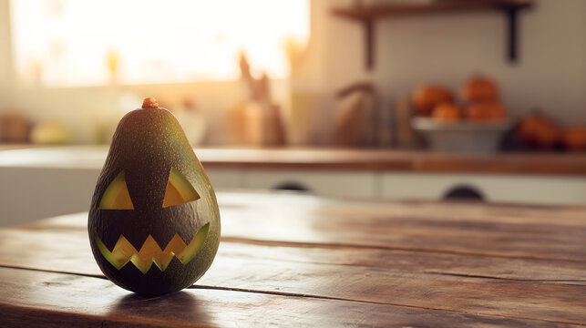 Ripe avocado carved with creepy Jack-o’-lantern face on wooden table
