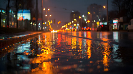 Fototapeta premium Rainy urban street at night with glowing reflections and blurred lights creates vibrant atmosphere