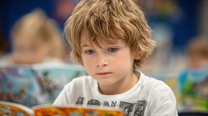 Young child focused on reading in a classroom setting during a learning activity