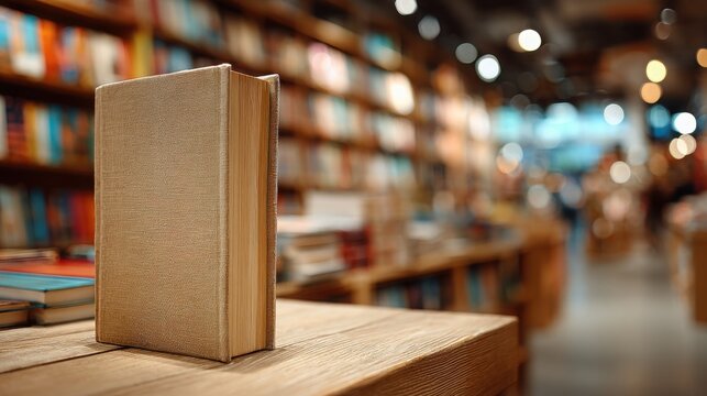 Empty book on wooden table in a cozy bookstore filled with colorful shelves and soft lighting