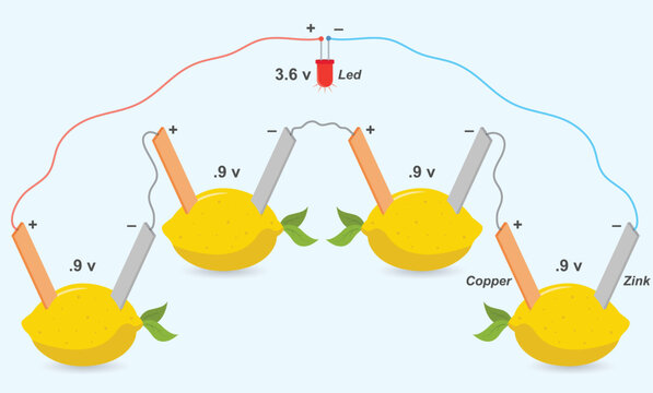Lemon battery experiment. Electricity from lemon battery. Physics education diagram.