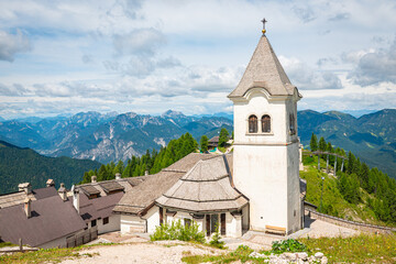 Picturesque ancient church in the pilgrimage site of Monte Santo di Lussari in the western Julian Alps, northeast Italy