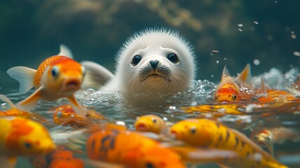 Behind two ibrant orange and red koi fish is a cute pure white baby seal, seemingly chasing the koi and swimming forward. --ar 16:9 --stylize 750 --v 6.1 Job ID: 4e489b2e-8dcd-405a-8392-32e7d18f1863