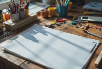 Craft table featuring plain papers and various creative tools