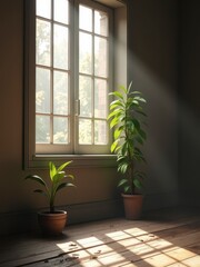 Two potted plants bask in sunlight by a window casting patterned shadows on the floor.