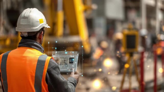 Medium shot of a site worker receiving a realtime PPE violation notification from an AI safety camera system with the blurred safety equipment and construction setting enhancing