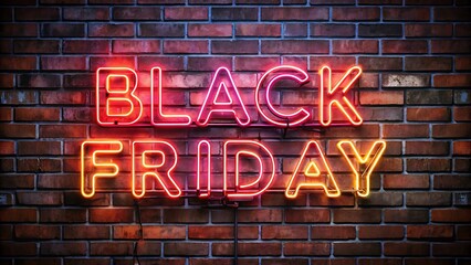 Obraz premium Black friday neon sign glowing on a brick wall, representing a major sale, retail event, and holiday shopping season