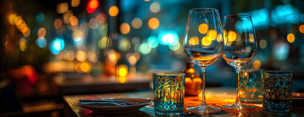 evening in a restaurant, blurred abstract background, bokeh, alcohol concept, wine glasses in a bar
