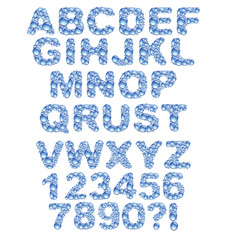 A set of blue fonts with a realistic 3D glass liquid effect, consisting of uppercase letters, numbers and special symbols. Complete alphabet Ideal for modern design projects. Vector illustration

