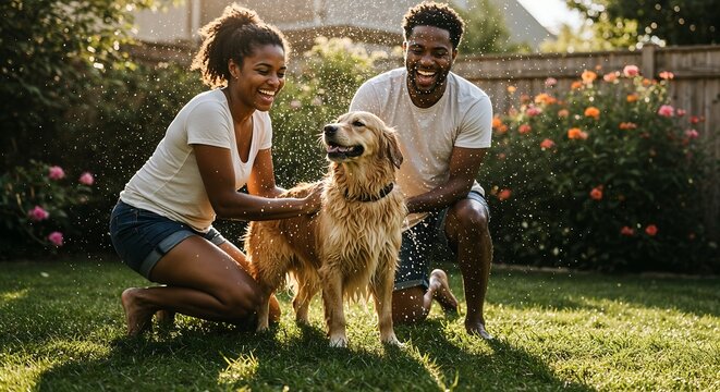 Couple washing their golden retriever dog outside on a sunny day in the backyard garden together