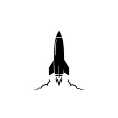 Simple Black Rocket Launching with Smoke on White Background Representing Space Exploration and Technological Advancement in a Minimalist Style