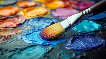 Obraz premium Brush and Palette: A painterâ€™s brush resting on a palette filled with vibrant paint colors. --ar 16:9 --stylize 750 --v 6.1 Job ID: c9ff16f7-4154-44e7-b8d9-572e69b29d80