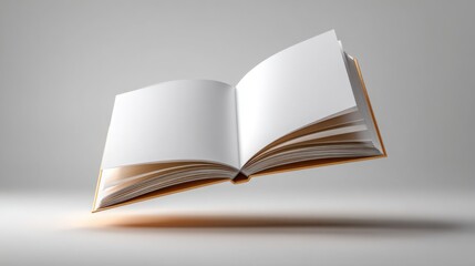 Open book floating in midair with blank pages and soft lighting creating an ethereal effect