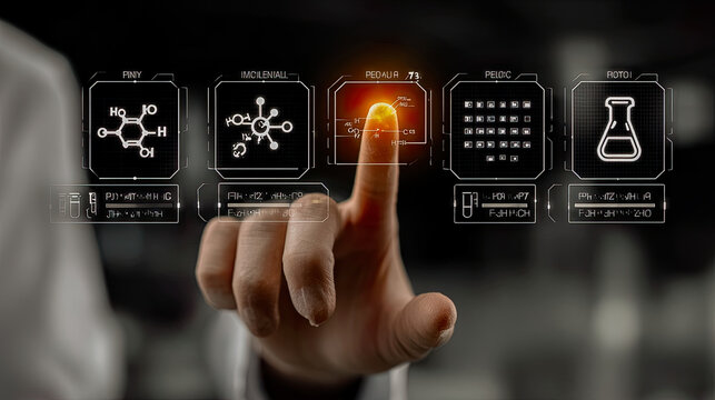 Professional presses holographic chemical icons and data panels in a laboratory with advanced interactive technology. Generated with AI - Powered by Adobe