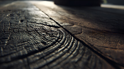 Detailed Close Up of Dark Brown Wood Texture with Visible Grain Rings and Natural Imperfections Under Dramatic Lighting Showing Deep Shadows and