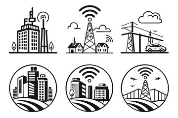 Vector art of set of city and wireless communication icons isolated on white background