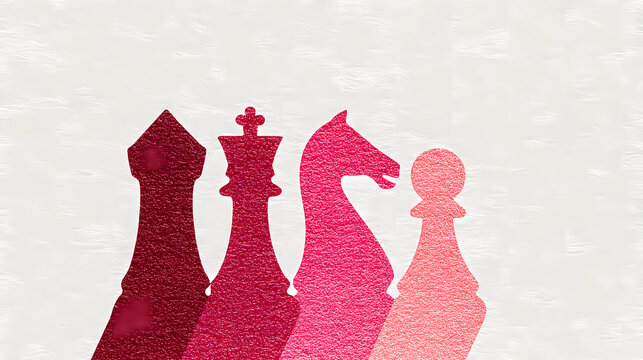 A minimalist pink chess set illustration with blank background space, featuring clean-lined pieces without extra details. This modern feminine twist on classic chess imagery works perfectly for