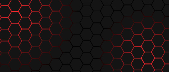 Black hexagon grid pattern on red background, bright light coming from below. Technology, connection and data concept. High resolution full frame abstract and modern background with copy space.