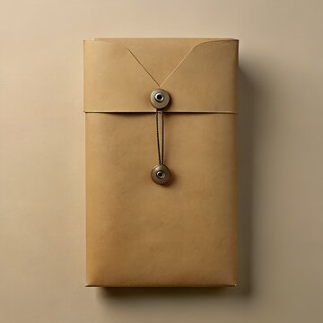 A closed brown kraft paper envelope with a string and button closure, presented against a neutral background 3d