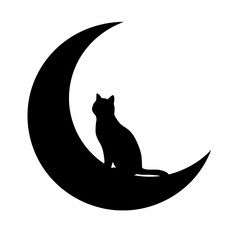 Black cat on crescent moon on white background. Isolated illustration.