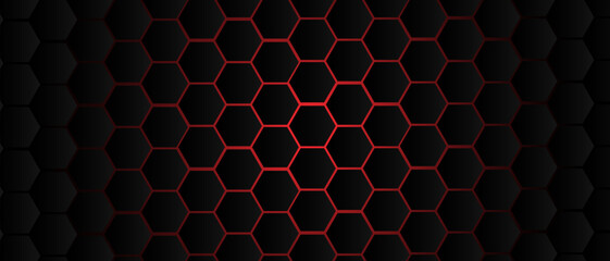 Black hexagon grid pattern on red background, bright light coming from below. Technology, connection and data concept. High resolution full frame abstract and modern background with copy space.