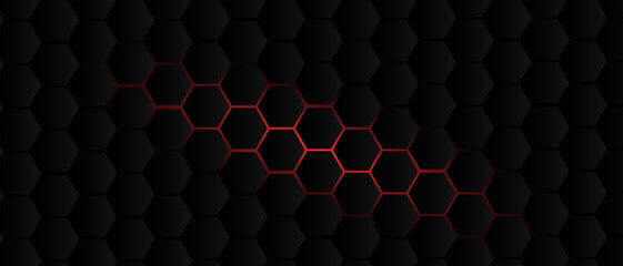 Black hexagon grid pattern on red background, bright light coming from below. Technology, connection and data concept. High resolution full frame abstract and modern background with copy space.