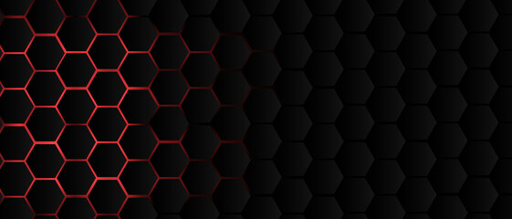 Black hexagon grid pattern on red background, bright light coming from below. Technology, connection and data concept. High resolution full frame abstract and modern background with copy space.