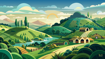 Golden fields meet tranquil streams, while lush meadows stretch toward distant mountains, embodying the peaceful beauty of Matamata, a magical landscape immortalized in film and cherished by visitors 
